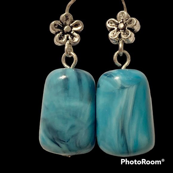 Aqua Turquoise Art Bead Earrings Acrylic Swirl Silver Plated Flowers Boho - Picture 2 of 11